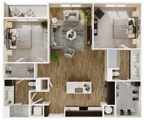 Floor plan for 2 beds, 2 baths, 1165 sqft